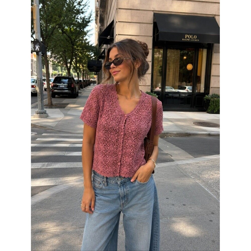 Mauve Pink Vintage crochet sweater Silk Exchange Medium Pink Festival Lace Glam